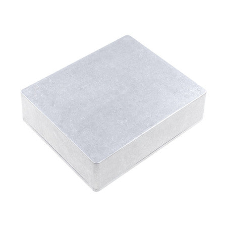Rectangular gray metal enclosure box with a flat top and smooth edges shown on a white background.