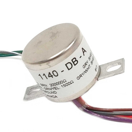 Metal cylindrical electrical transformer with multiple insulated wire leads and mounting tabs on each side.