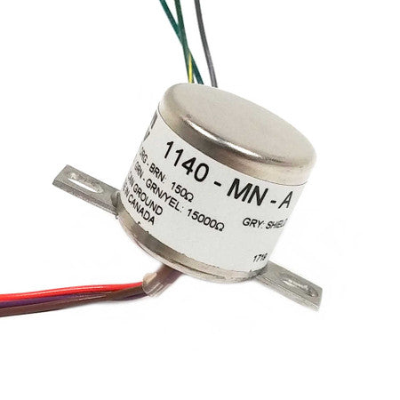 Cylindrical metal transformer with multiple colored wire leads and a white label showing specifications.
