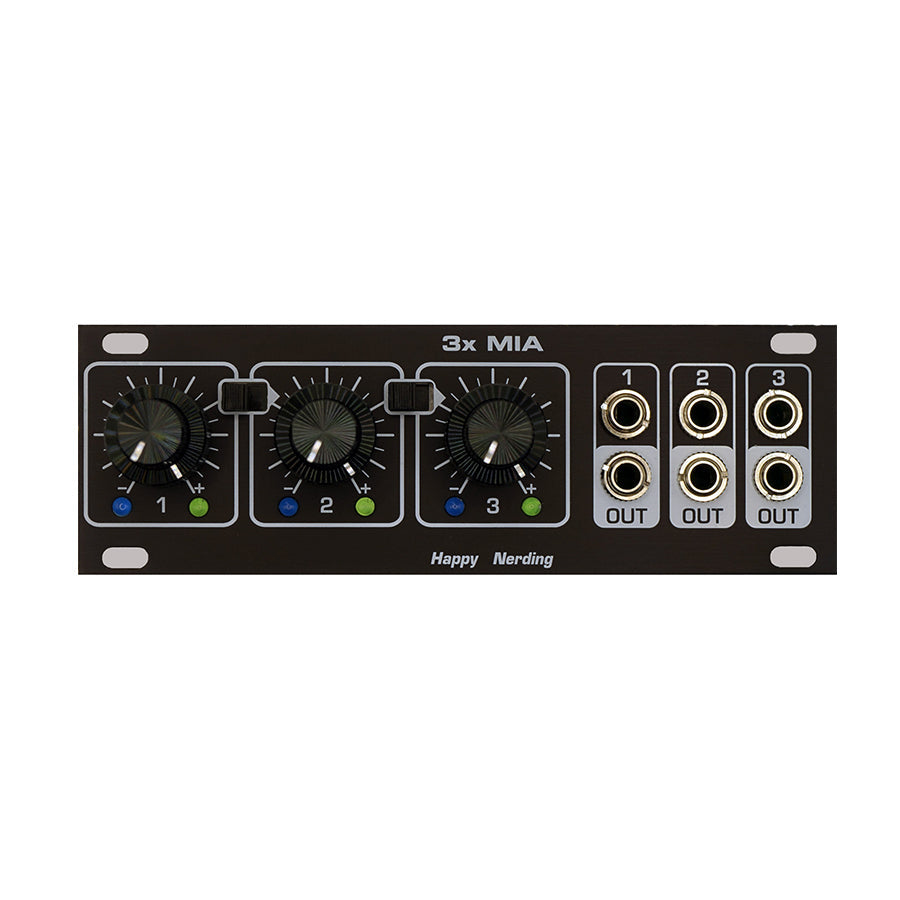 Black Eurorack module with three rotary knobs, six jack sockets, and labelled 3x MIA by Happy Nerding.