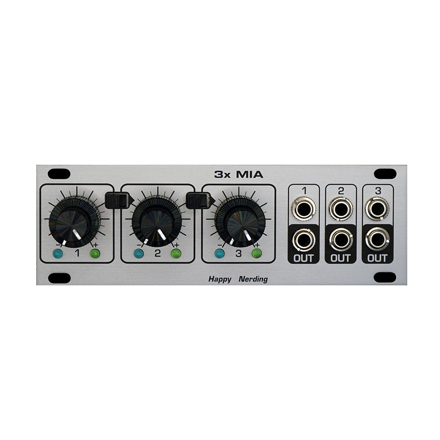 Silver eurorack module with three rotary knobs, two small switches, and six 3.5mm jacks labeled 1 to 3 with outputs.