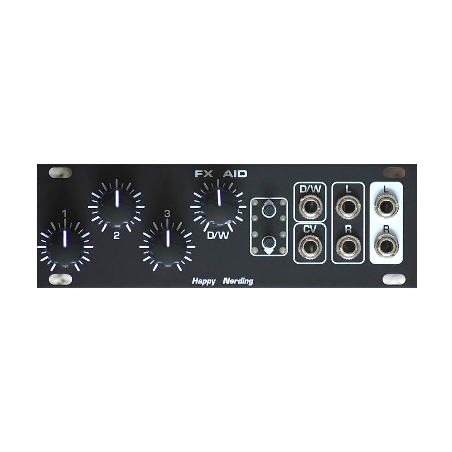 Black eurorack module with four rotary knobs and eight 3.5mm jacks labeled FX AID and Happy Nerding.