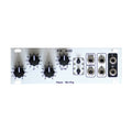 Silver eurorack module with four black knobs, two black push buttons, and multiple audio jacks.