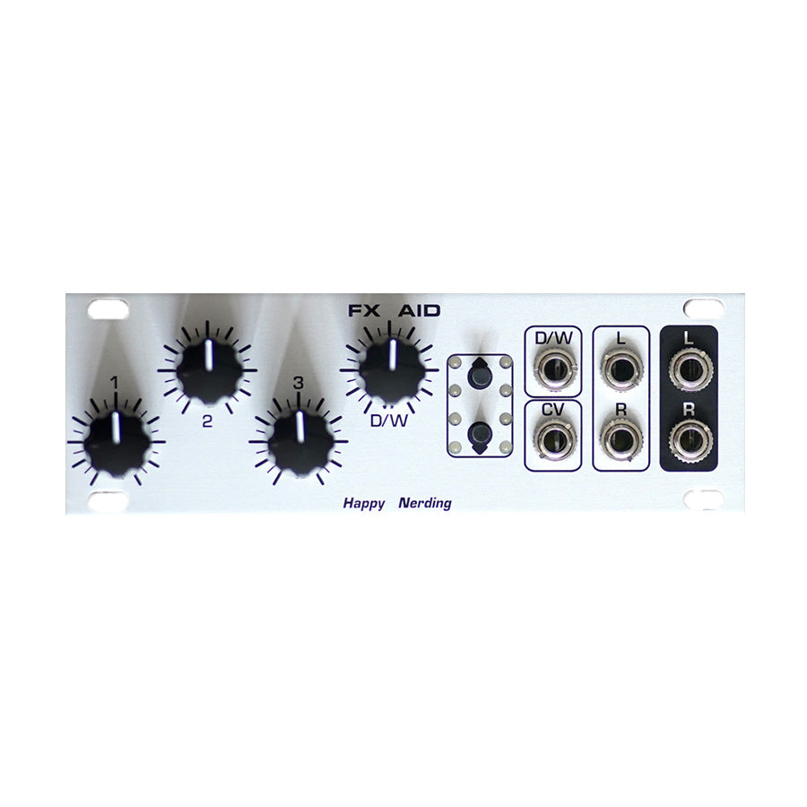 Silver eurorack module with four black knobs, two black push buttons, and multiple audio jacks.