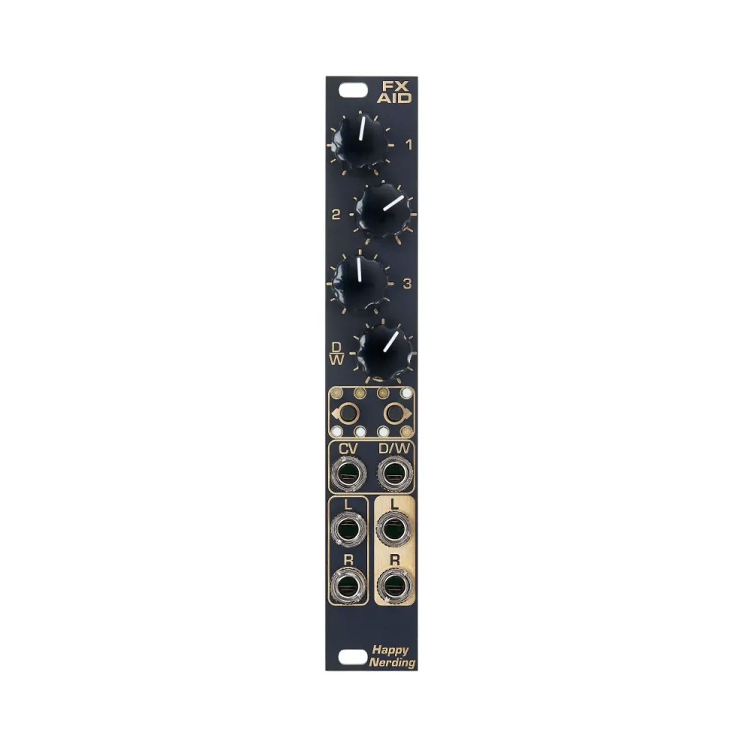 Black and gold Eurorack module with four knobs and six jack sockets labeled FX AID by Happy Nerding.
