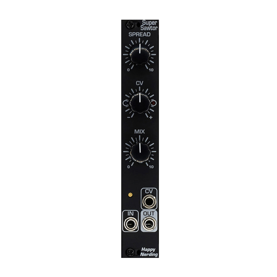 Black eurorack module with three knobs and three 3.5mm jacks labeled IN, CV, and OUT