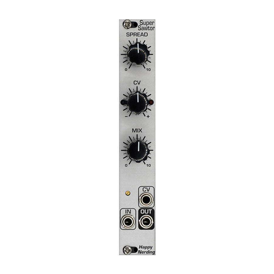 Silver Eurorack module with three knobs and three 3.5mm jacks labeled IN, CV, and OUT.
