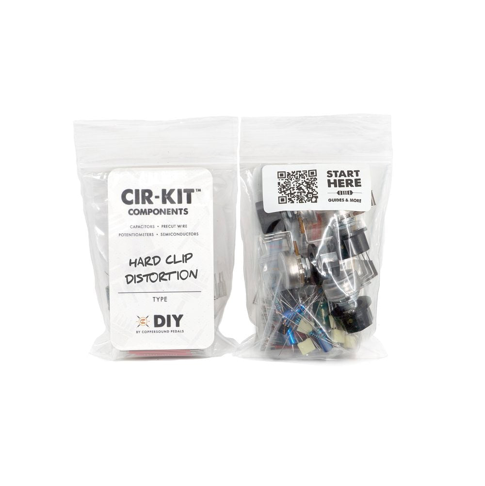 Two clear plastic bags containing electronic components and parts for a DIY circuit kit with labels describing contents