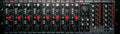 Front view of a Harrison audio 500 series chassis with eight 32C preamp modules and a D510mx mixer interface.