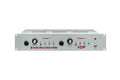 Gray audio rack unit with two channels, each with a combo input, attenuation knob, and toggle switches.