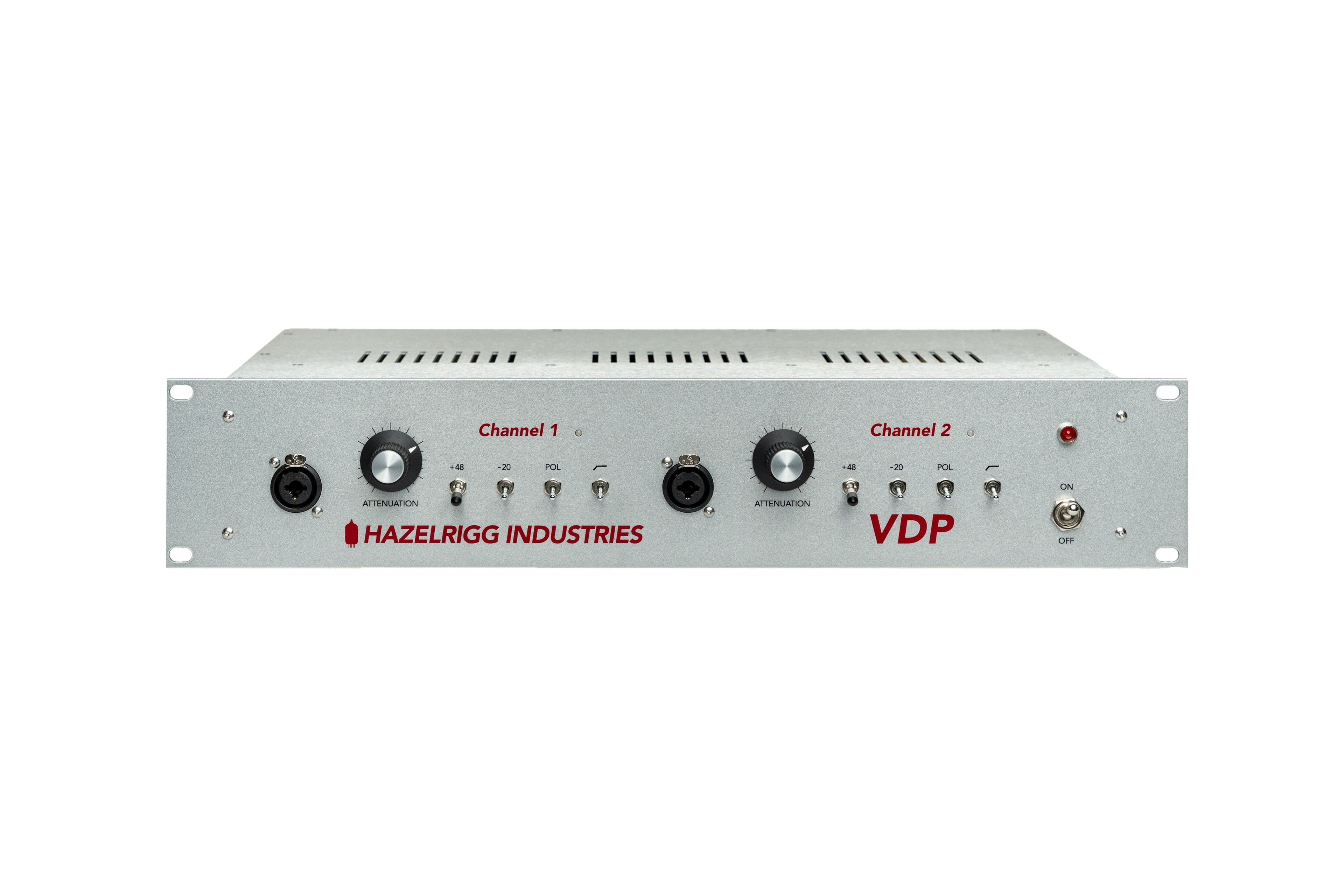 Gray audio rack unit with two channels, each with a combo input, attenuation knob, and toggle switches.