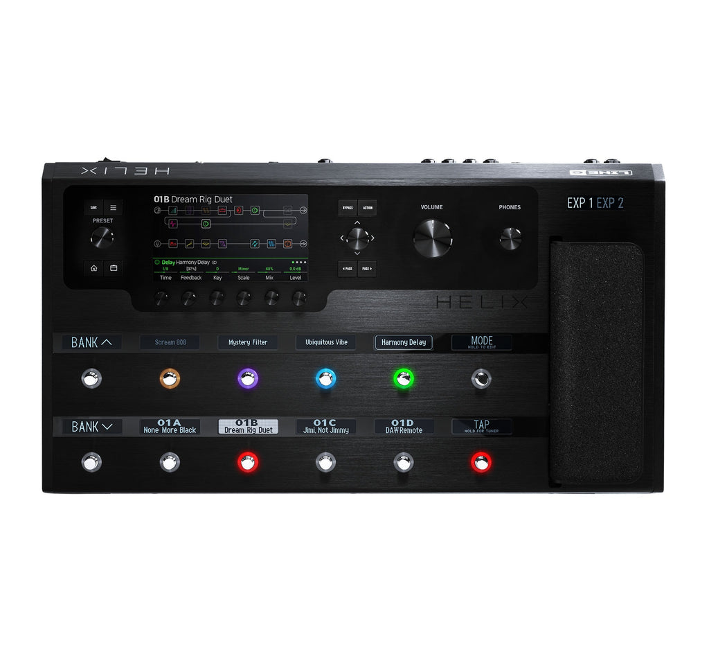 Black Line 6 Helix multi-effects guitar floor processor with display, multiple footswitches, knobs, and an expression pedal.