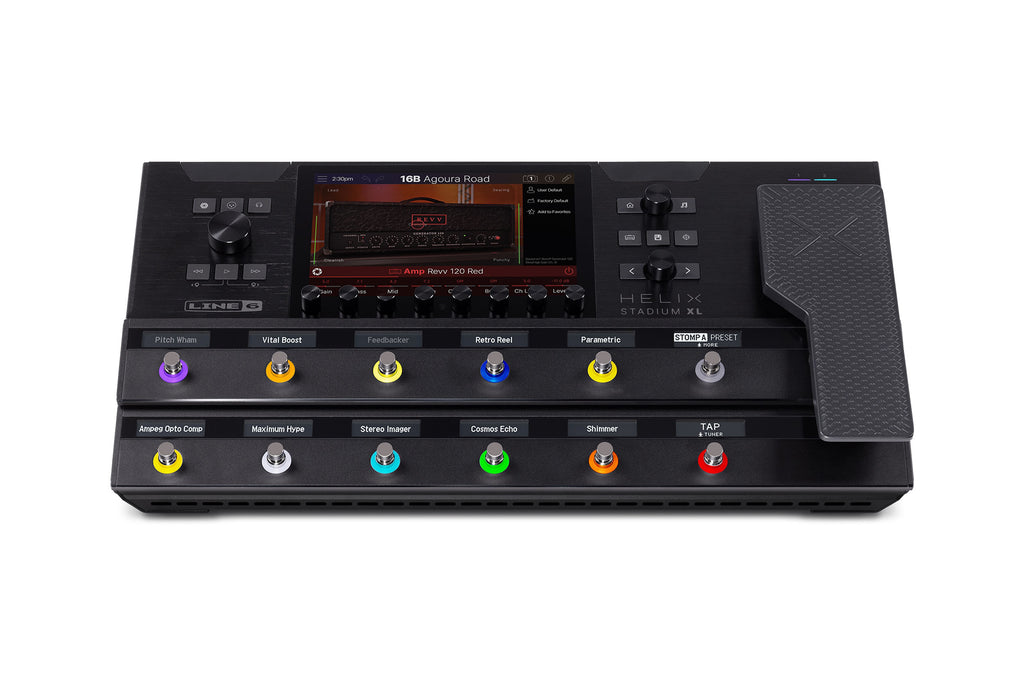 Top view of a Line 6 Helix Stadium XL floor guitar effects processor with screen, knobs, buttons, and an expression pedal.