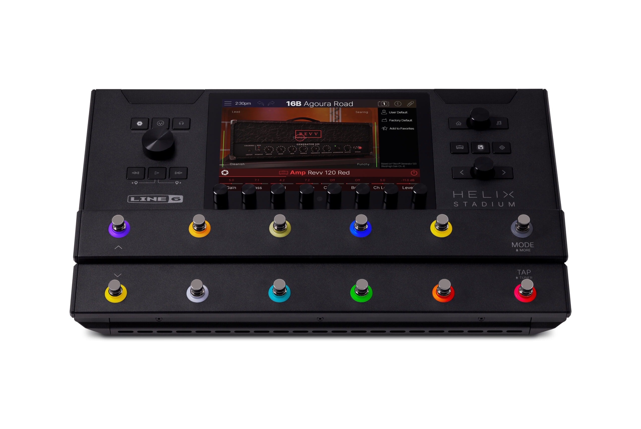 Black guitar effects floor processor with colored footswitches and a central color display screen showing amp settings.