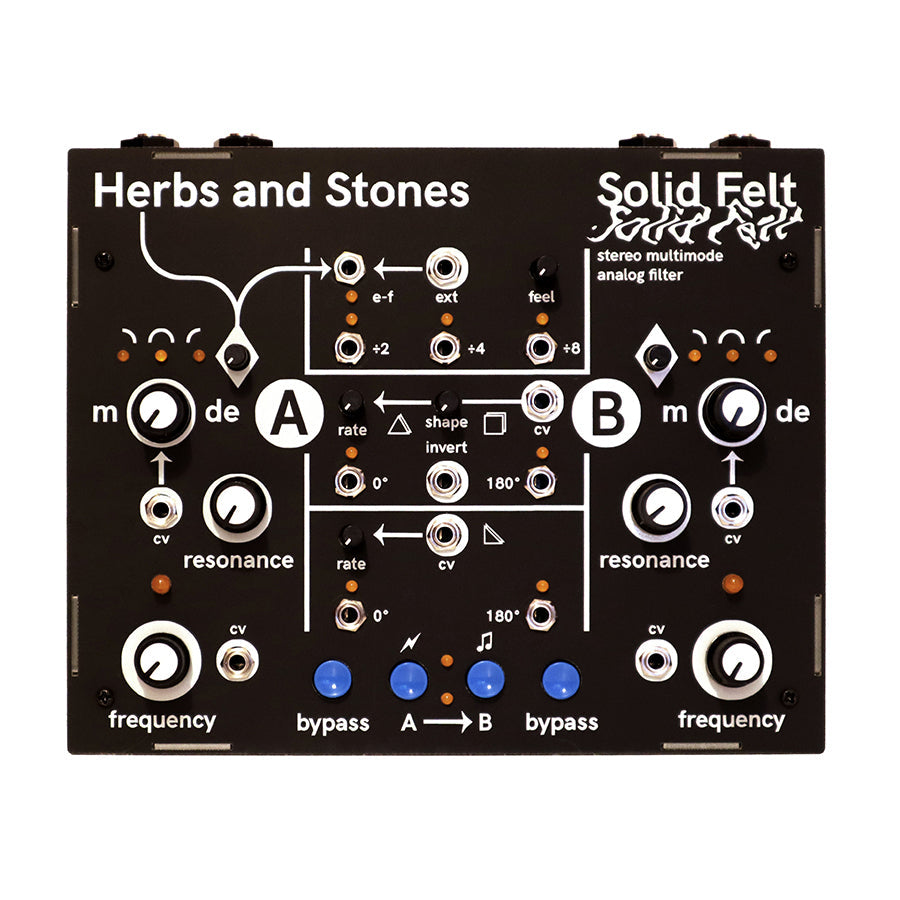 Black Herbs and Stones Solid Felt stereo multimode analog filter with multiple knobs, jacks, and blue bypass buttons.