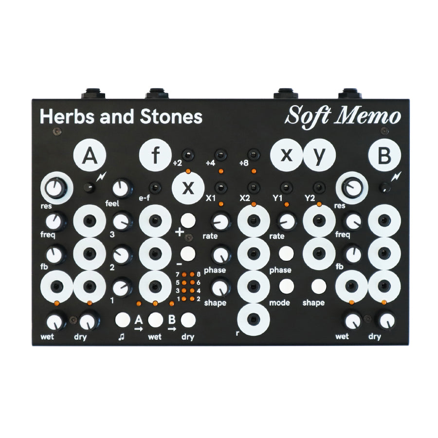 Black Herbs and Stones Soft Memo synthesizer module with multiple knobs, buttons, and 3.5mm jacks on its front panel.