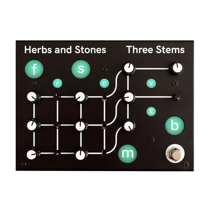 Black pedal with multiple white knobs, a footswitch, and labeled green buttons arranged in a grid pattern.