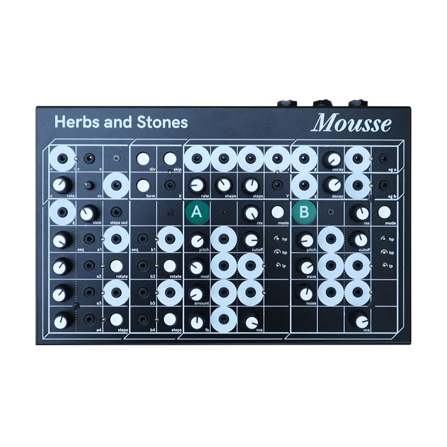 Top view of a Herbs and Stones Mousse synthesizer module with knobs, buttons, and multiple audio jacks.