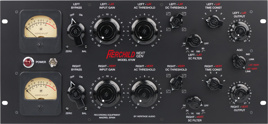 Front panel of a Heritage Audio Herchild Model 670N audio processor with dual VU meters and multiple control knobs.