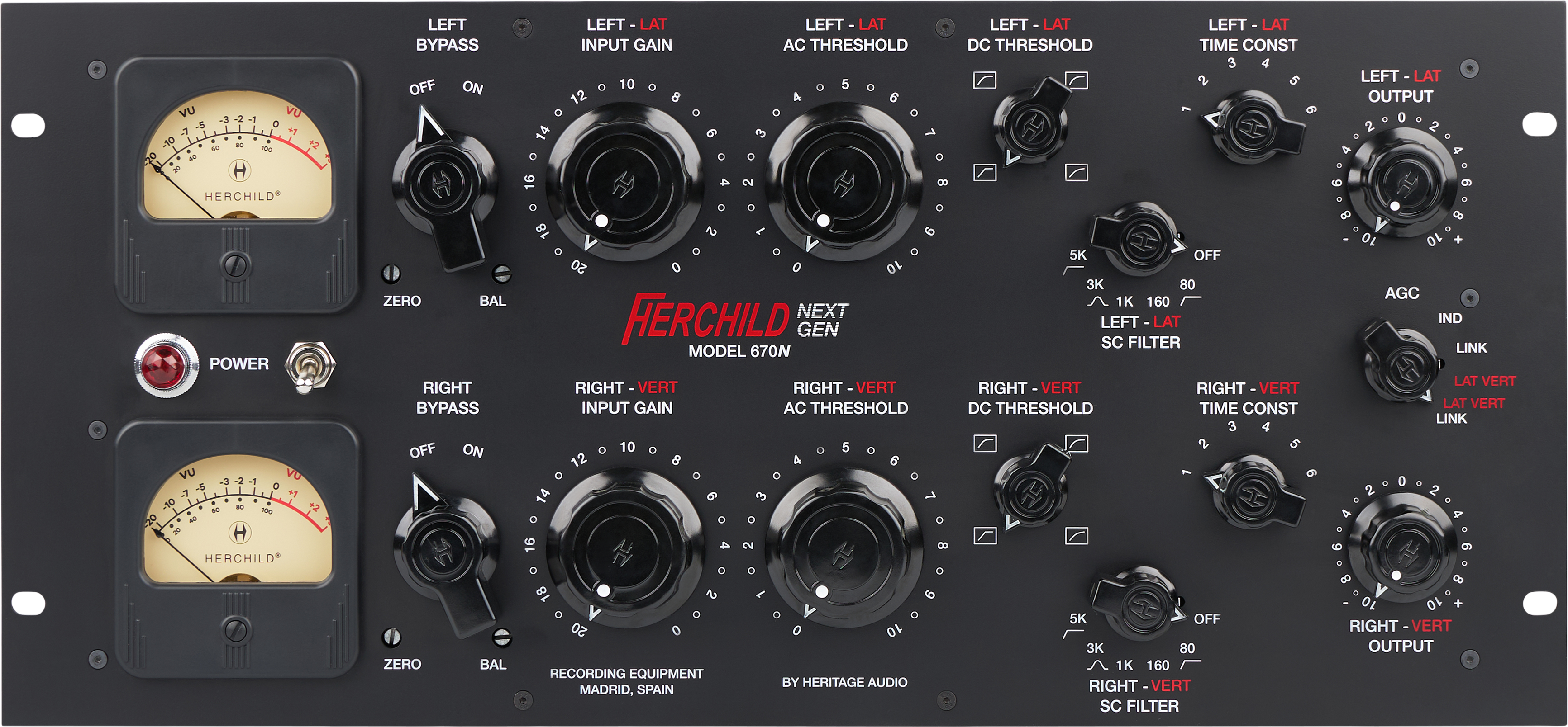 Front panel of a Heritage Audio Herchild Model 670N audio processor with dual VU meters and multiple control knobs.