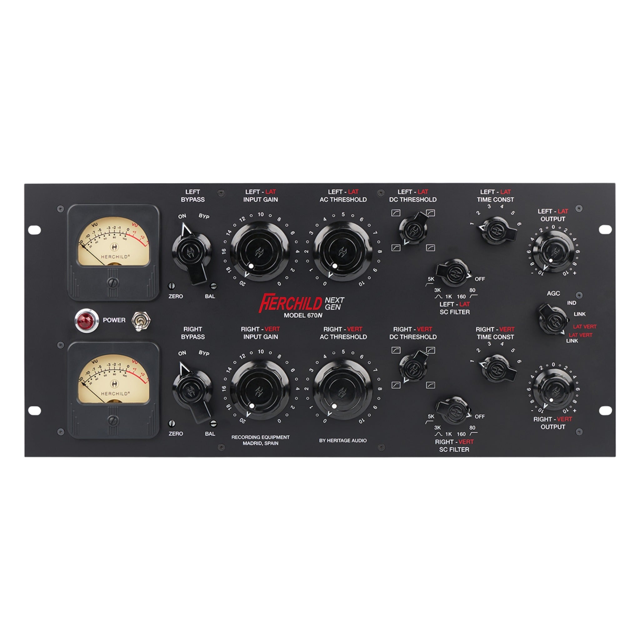 Front panel of a Heritage Audio Herchild 670N stereo audio processor with meters, knobs, and switches.