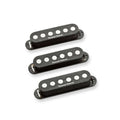 Three black single coil guitar pickups with visible wires and Seymour Duncan branding on each.