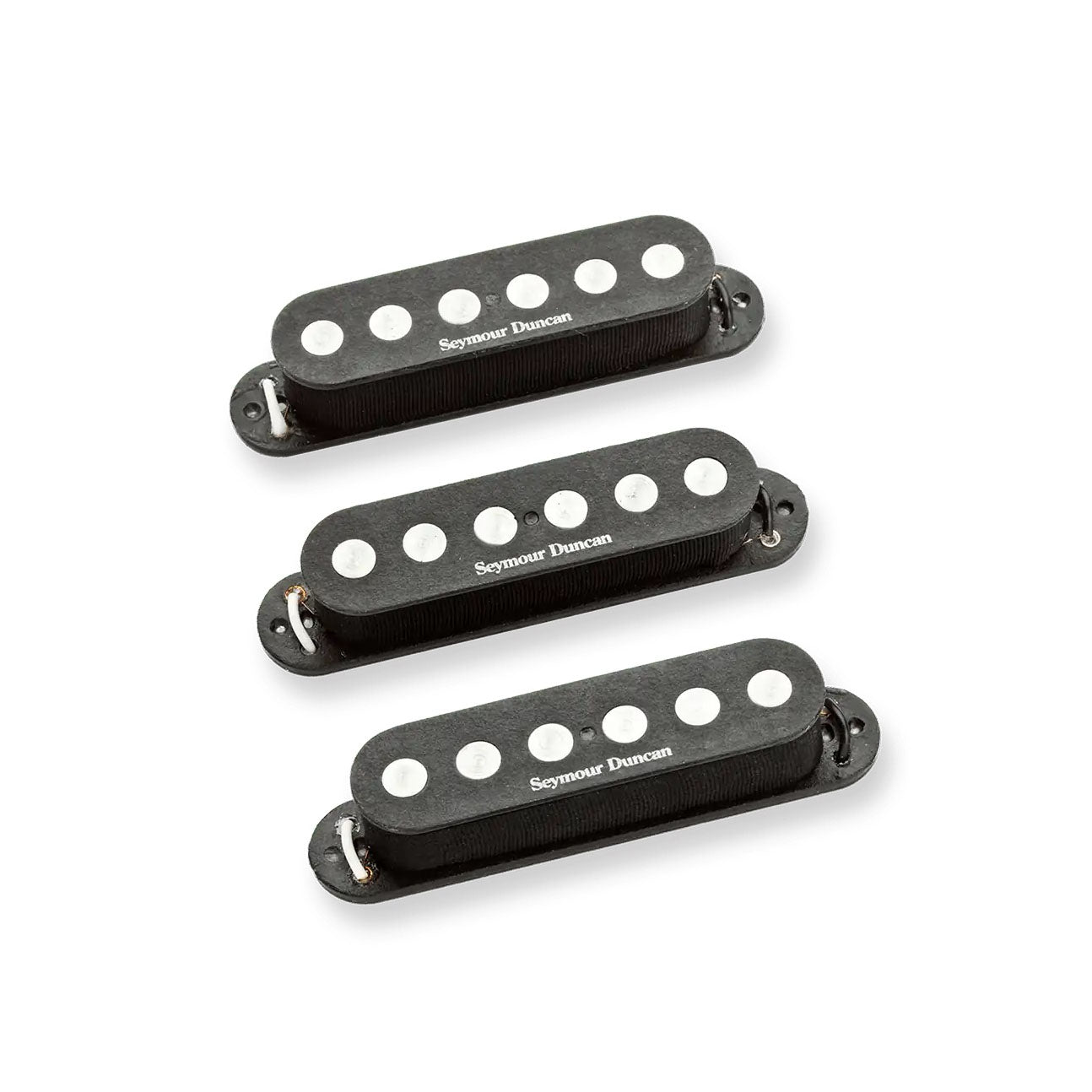 Three black single coil guitar pickups with visible wires and Seymour Duncan branding on each.