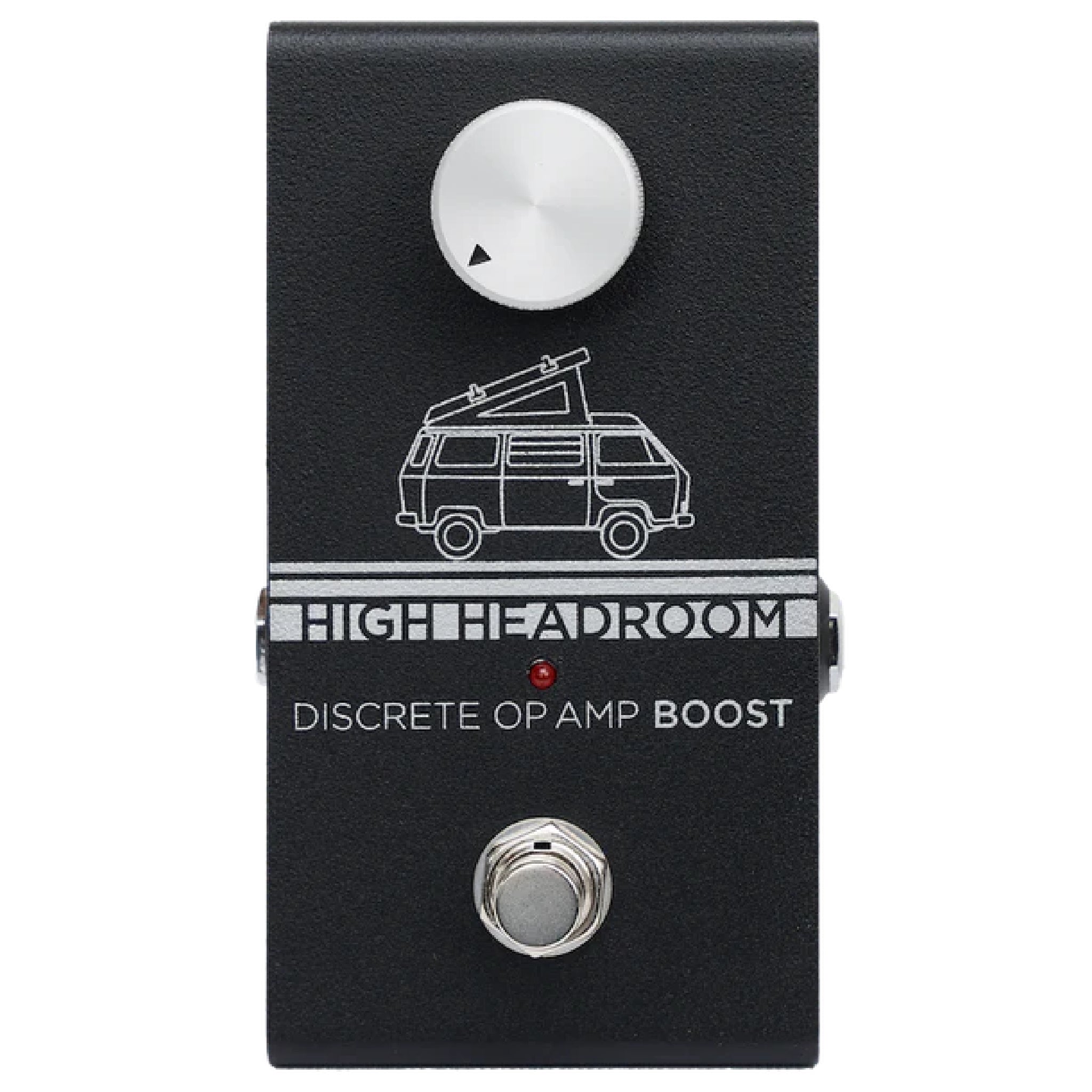 Black guitar effects pedal with one knob, a footswitch, and a van illustration above the label High Headroom.