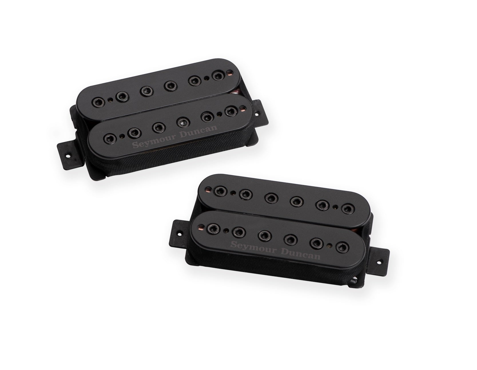 Two black Seymour Duncan humbucker guitar pickups with visible pole screws.