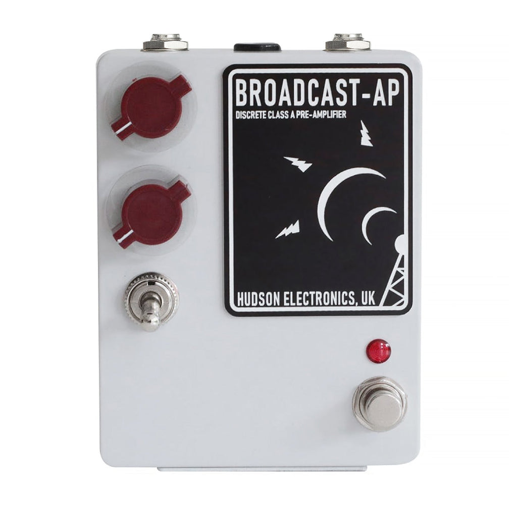 White rectangular electronic pedal with two red knobs, a toggle switch, a footswitch, and input/output jacks.