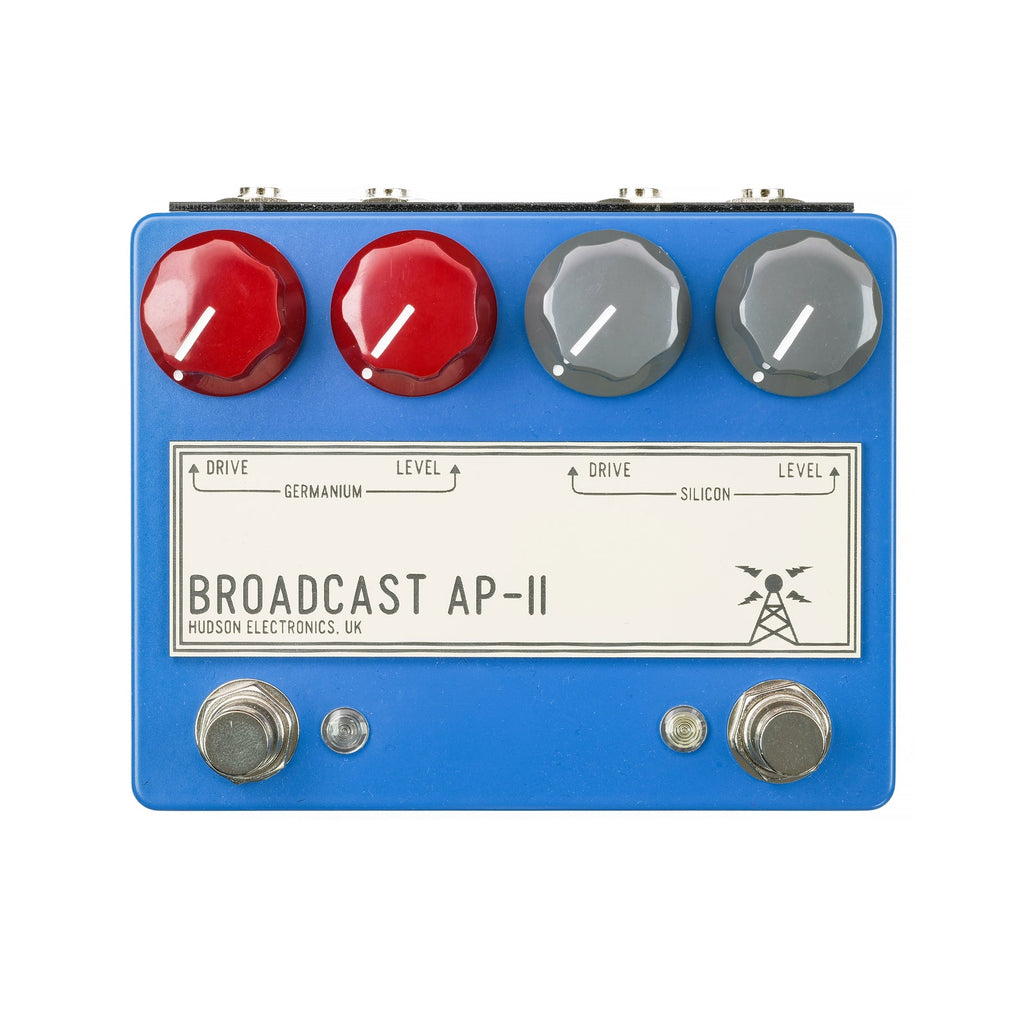 Blue pedal with four knobs, two footswitches, and text labeling different drive and level controls for germanium and silicon.