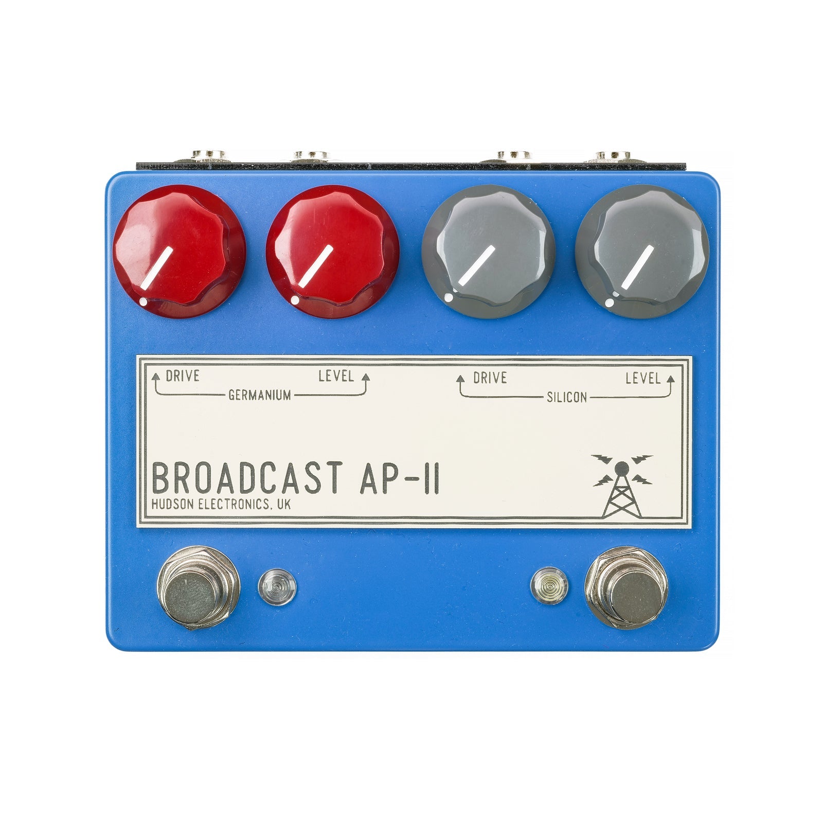 Blue pedal with four knobs, two footswitches, and text labeling different drive and level controls for germanium and silicon.