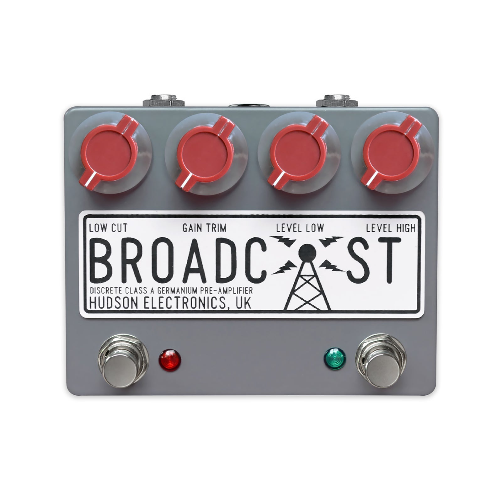 Gray audio effects pedal with four red rotary knobs, two footswitches, and white label saying BROADCAST by Hudson Electronics.