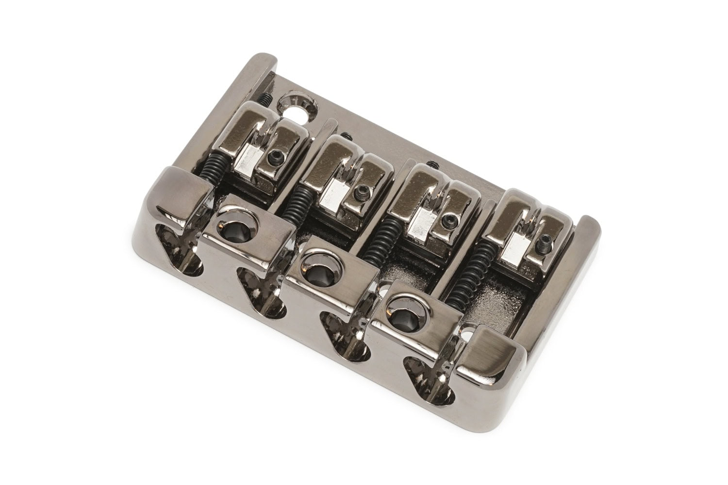 Silver metal bass bridge with four saddles and adjustment screws on a white background.