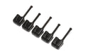 Five black metal bass guitar saddles with screws arranged in a line on white background.