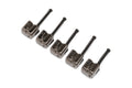 Five black metal bass saddles with attached screws arranged in a row on white background.