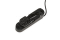 Black mono-rail single string bass bridge part with adjustment screw and attached wire on a white background.