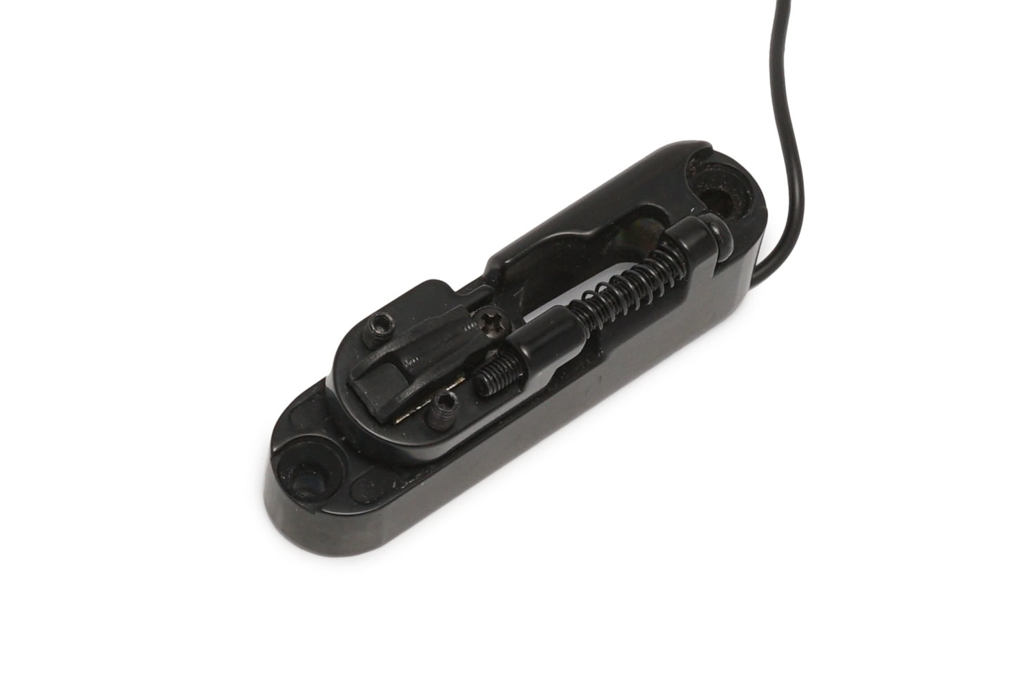 Black mono-rail single string bass bridge part with adjustment screw and attached wire on a white background.