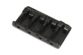 Black metal bridge for a 4-string bass guitar with adjustable saddles and screws.