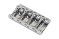 Chrome metal bridge for a stringed instrument with four string saddles and screw adjusters.