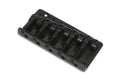 Black metal 5-saddle bridge for a stringed instrument shown on a white background.