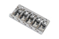 Chrome metal bass guitar bridge with five adjustable saddles on a rectangular base plate.
