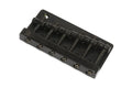 Black metal bass bridge plate with six adjustable string saddles and screws