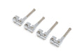 Four chrome metal bridge saddles with adjustment screws for stringed instruments.