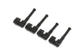 Four black metal bass saddles each with a spring and a screw, arranged diagonally on a white background.