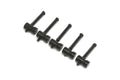 Five black metal saddles with springs and screws arranged in a diagonal row on a white background.