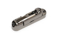 Close-up image of a metallic black single-string bass bridge part with adjustment screw and mounting holes.