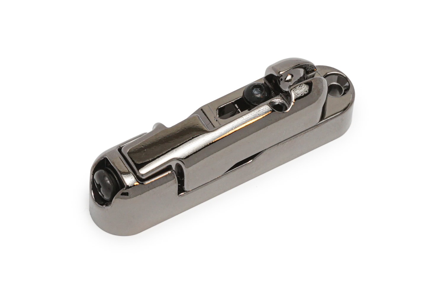 Close-up image of a metallic black single-string bass bridge part with adjustment screw and mounting holes.