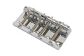 Chrome metal guitar or bass bridge with four string saddles and adjustable screws.