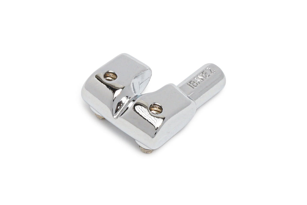 Chrome metal guitar bass saddle part with two screws and Ibanez branding.